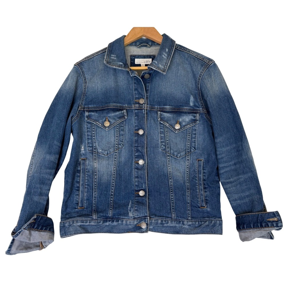 LOFT Denim Jean Jacket Medium Wash Light Distressing Classic Fit Casual Sz S‎